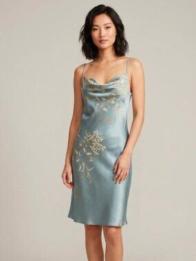 Satin Botanical Slip Dress M Midi Y2K Ethereal Teal Fairy Coquette